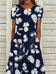 Navy Floral Printed Short Sleeves Casual Dress