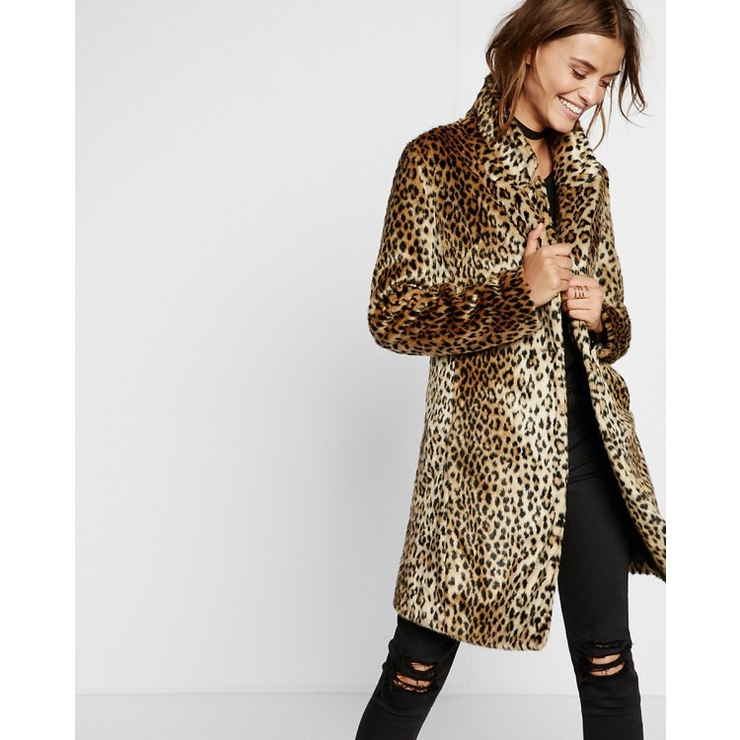 Faux Fur Leopard Printed Midi Coat