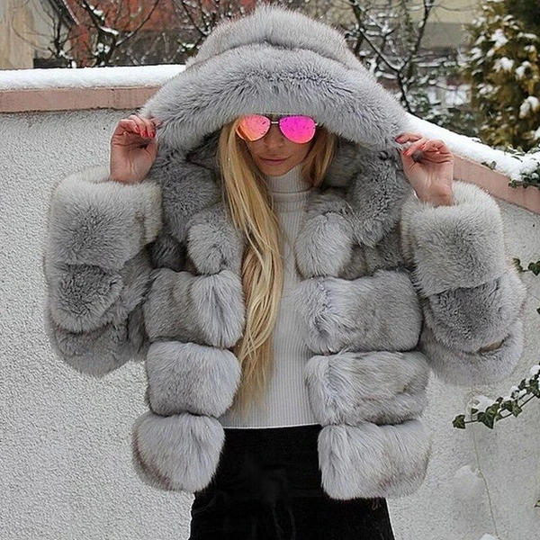 Faux Fur Long Sleeves Hooded Coat