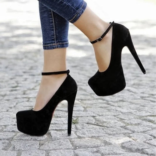 Black Suede Ankle Strap Platform Pumps Stiletto Heels