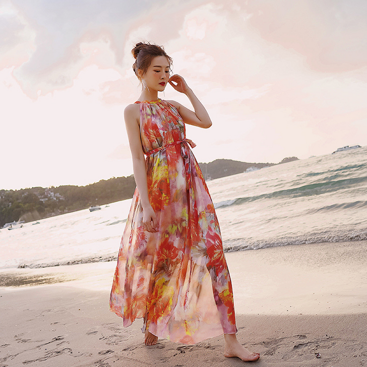 Floral Printed Halter Neck Sleeveless Belted Maxi Dress