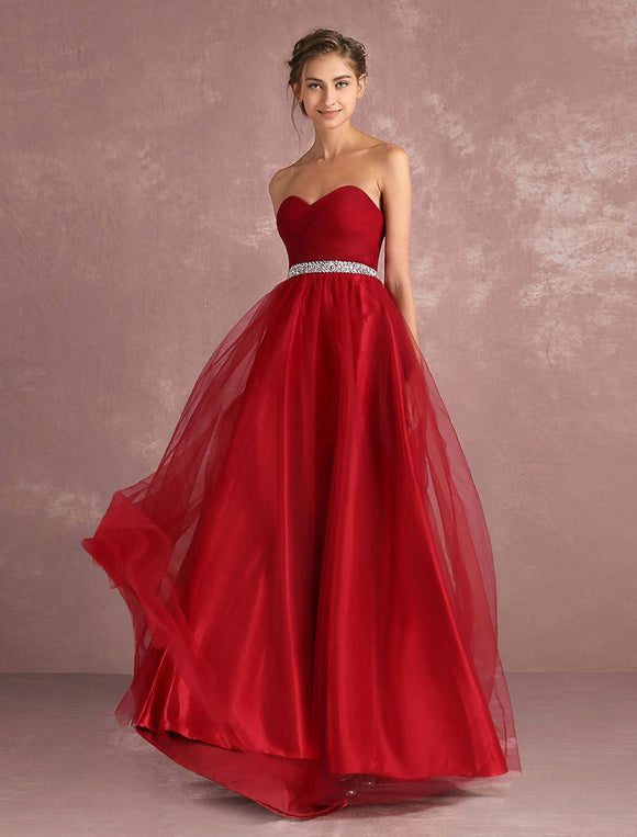 Red Rhinestones Pleated Strapless Tulle Prom Dress