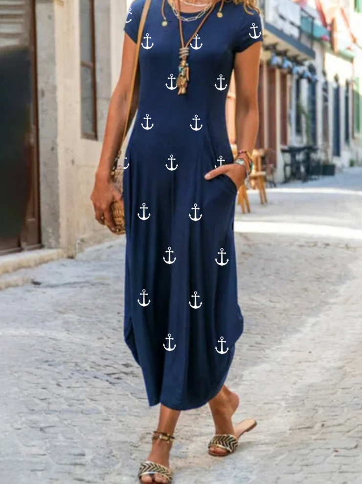 Blue Round Neck Short Sleeves Printed Dress