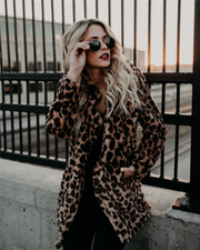 Oversized Leopard Print Long Sleeves Faux Fur Coat