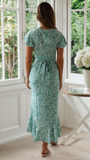 Light Cyan Floral Printed V Neck Midi Dress