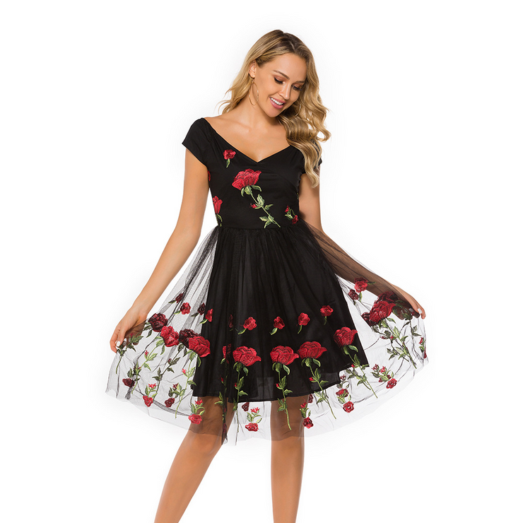 Black Off The Shoulder Flower Embroidered Mini Dress