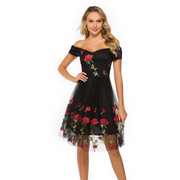 Black Off The Shoulder Flower Embroidered Mini Dress