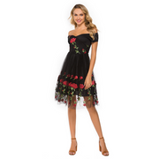 Black Off The Shoulder Flower Embroidered Mini Dress