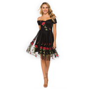 Black Off The Shoulder Flower Embroidered Mini Dress