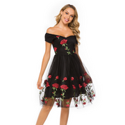 Black Off The Shoulder Flower Embroidered Mini Dress