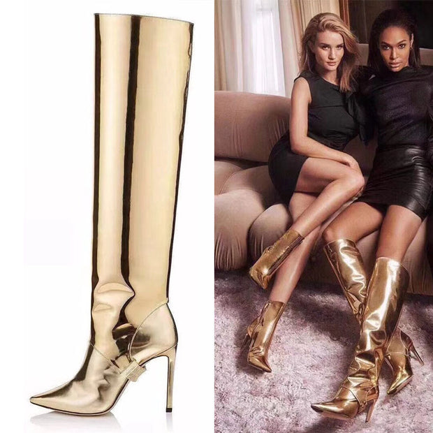 Gold Metallic Bright leather Convertible Knee High Prom Party Boots