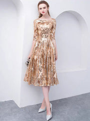 Gold Jewel Neck Half Sleeves Ball Gown Sequins Bridesmaid Dress