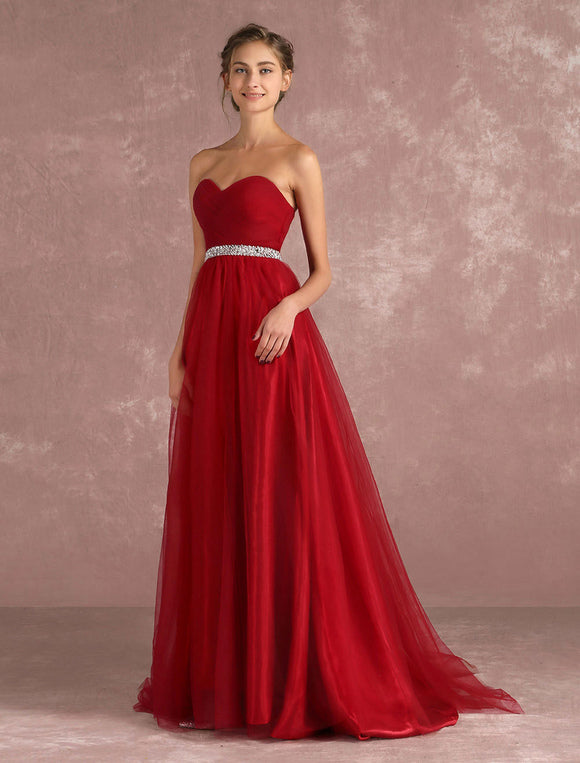 Red Rhinestones Pleated Strapless Tulle Prom Dress