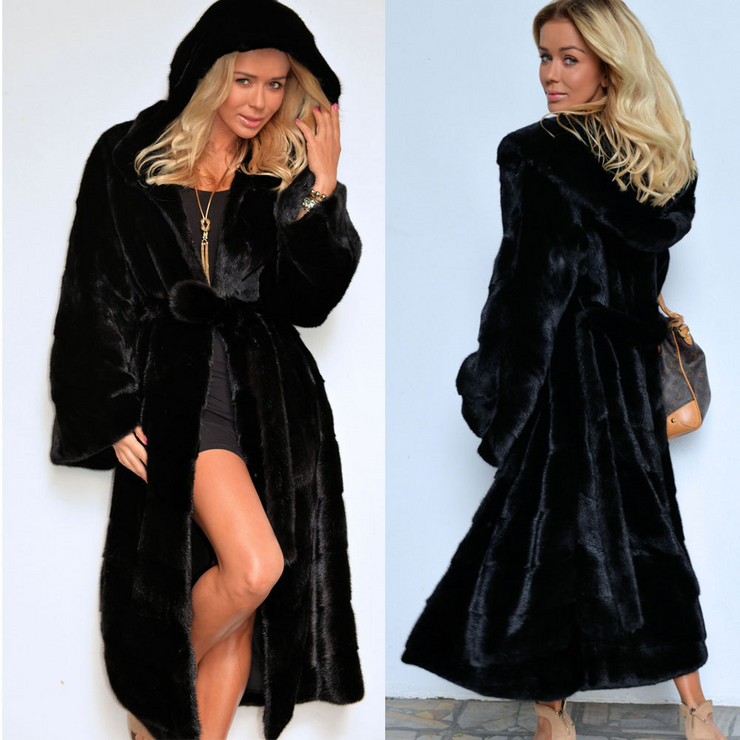 Winter Belted Hooded Faux Fur Coat