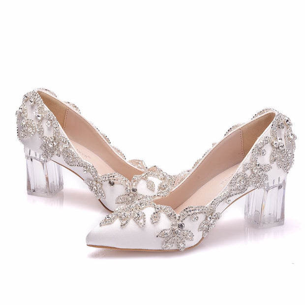 White Rhinestone Flowers Wedding Pumps Clear Chunky Heels Party Shoes