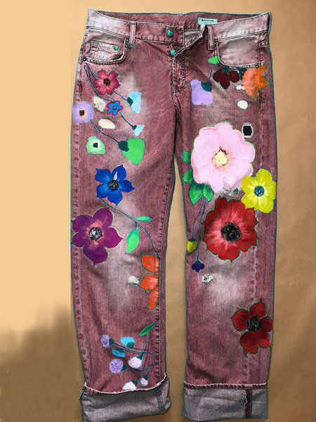 Casual Floral Printed Denim Jeans