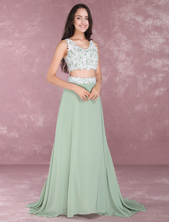 Light Green Chiffon Lace Applique Two-Piece Prom Dress