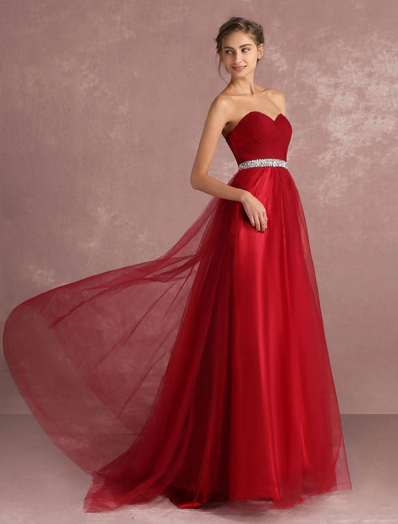 Red Rhinestones Pleated Strapless Tulle Prom Dress