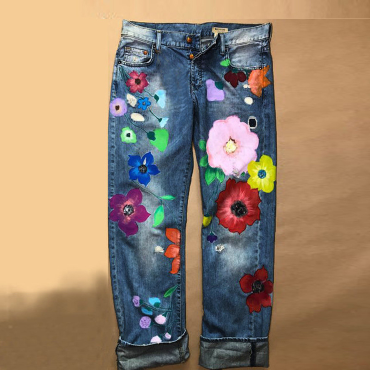 Casual Floral Printed Denim Jeans