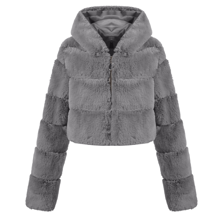 Faux Fur Hooded Zipper Coat