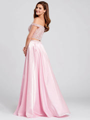 Pink Satin Lace Embroidered Two-Piece Prom Dress