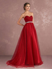 Red Rhinestones Pleated Strapless Tulle Prom Dress