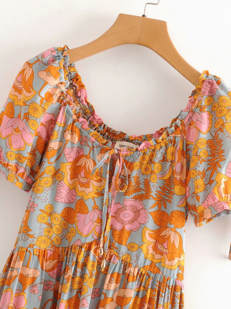 Floral Printed Short Sleeves Ruffle Mini Dress