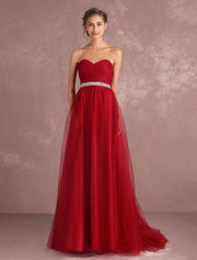 Red Rhinestones Pleated Strapless Tulle Prom Dress