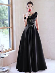 Black Satin One-Shoulder Bow Detailing Floor-Length Prom Dress