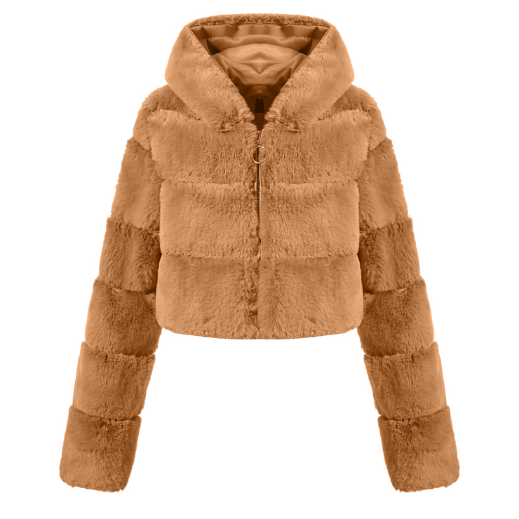 Faux Fur Hooded Zipper Coat