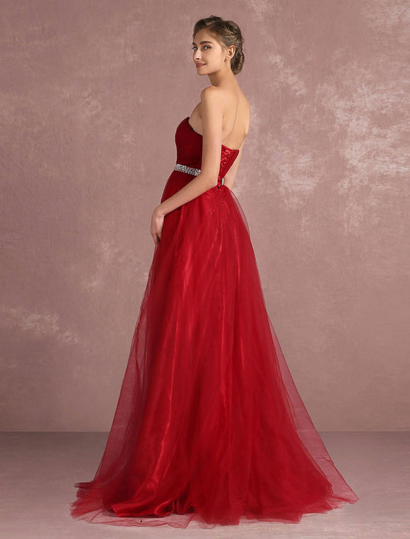 Red Rhinestones Pleated Strapless Tulle Prom Dress