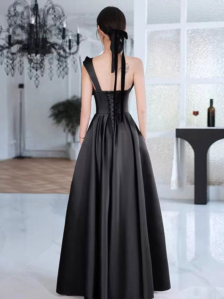 Black Satin One-Shoulder Bow Detailing Floor-Length Prom Dress