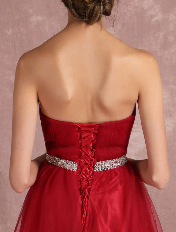 Red Rhinestones Pleated Strapless Tulle Prom Dress