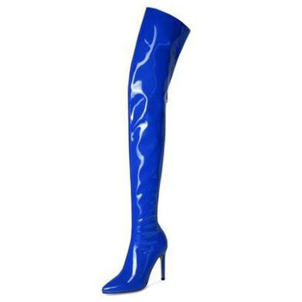 Women Patent Bright Leather Pointed Toe Stiletto Over The Knee Thigh High Boots