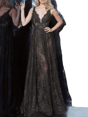 Black Mesh See-Through Lace Embroidered Sleeveless Prom Dress