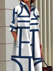 Printed White Button Front Long Sleeves Shirt Dress