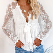 Women Lace V-Neck Long Sleeves Blouse Top