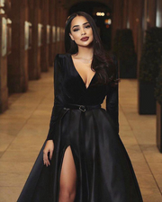 Black Satin Deep V-Neck Long Sleeves Thigh Split Party Dress