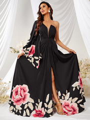 One Sleeve Floral Printed Long Slit Evening Dress