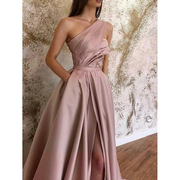 Satin One Shoulder Sleeveless Pleated Split Wedding Dress