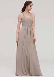 Prettyunik A-Line Wheat Sleeveless Floor-Length Bridesmaid Dress