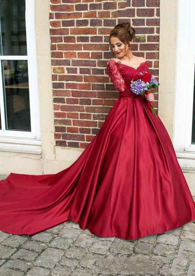 Crimson Lace V Neck Long Sleeves Brush Train Prom Dress