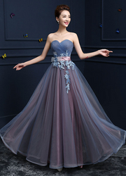 Steel Blue A-Line Applique Strapless Sleeves Prom Dress