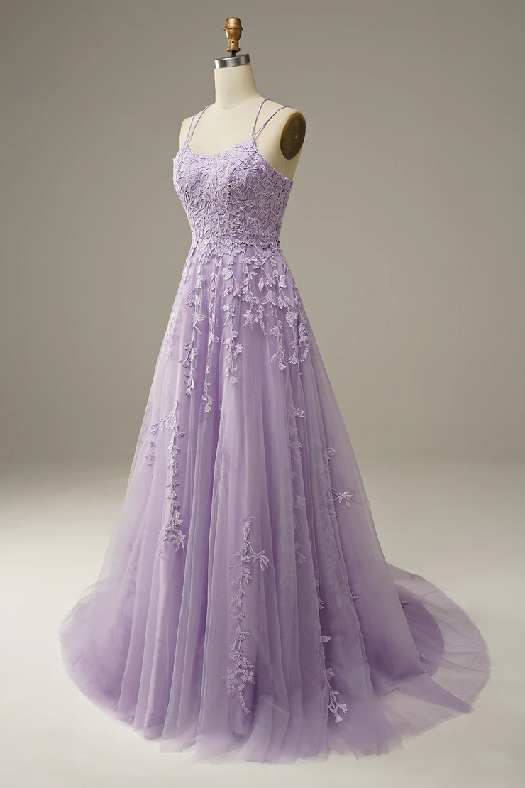 Appliqued Purple Tulle Long Prom Dress