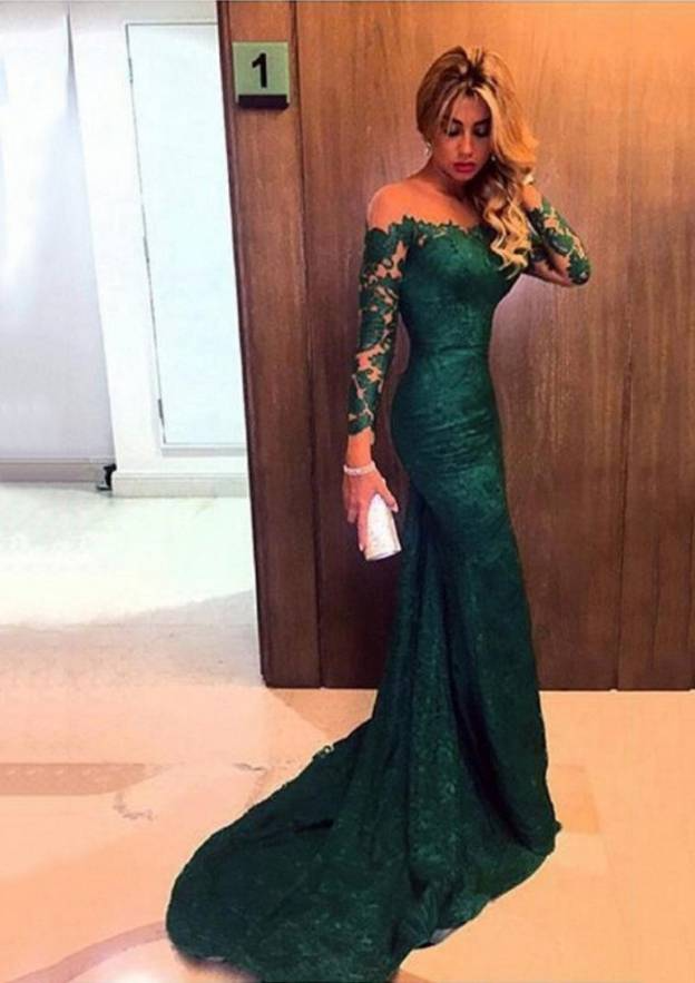 Green Lace Off-Shoulder Long Sleeves Prom Dress