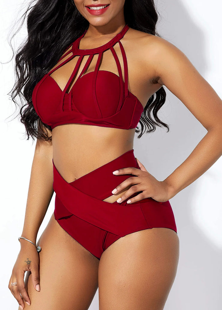 High Waist Cage Neck Cross Front Bikini Set