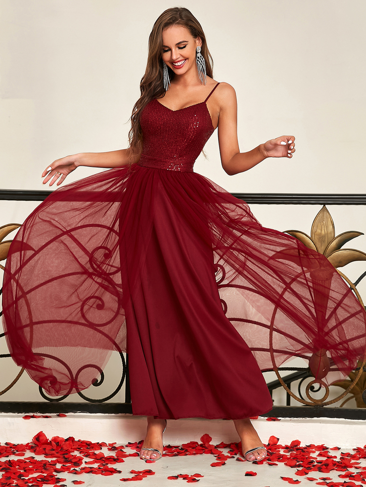 Sequin Spaghetti Strap Long Prom Dress