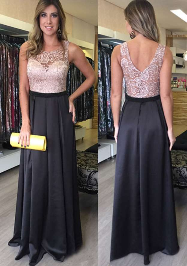 Black A-Line Satin Sleeveless Deep Back Prom Dress