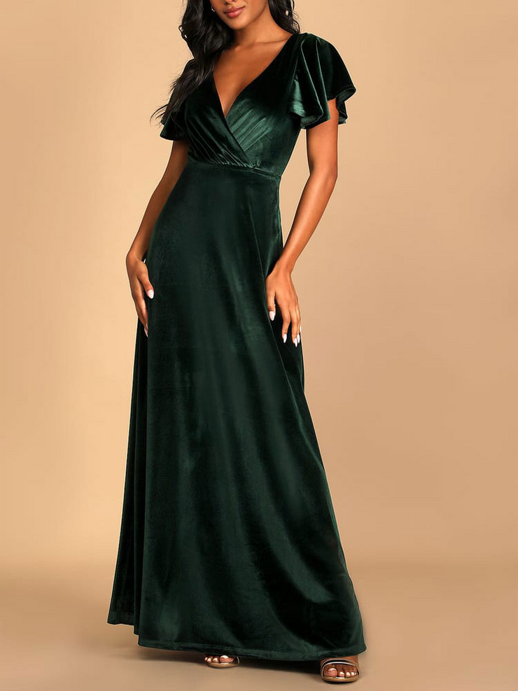 Dark Green V Neck Deep Back Short Sleeves Bridesmaid Dress