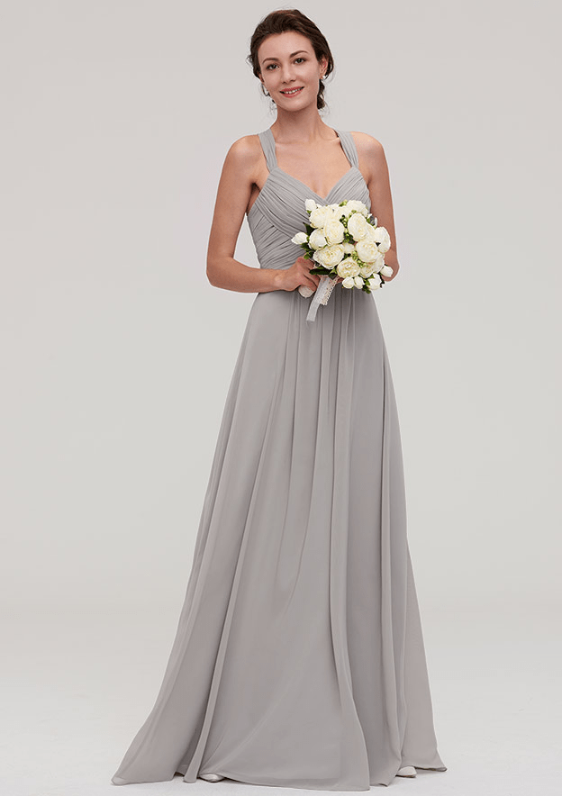 Prettyunik A-Line Silver Sleeveless Floor-length Bridesmaid Dress